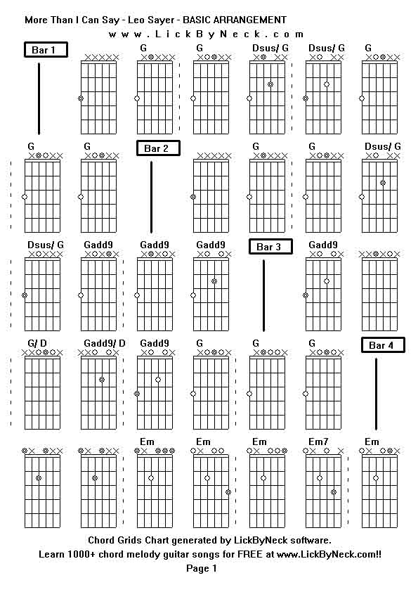 Chord Grids Chart of chord melody fingerstyle guitar song-More Than I Can Say - Leo Sayer - BASIC ARRANGEMENT,generated by LickByNeck software.